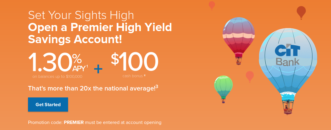 CIT Bank Premier High Yield Savings Bonus: $100 Bonus + 1.30% APY