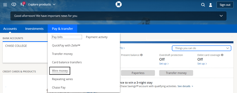 Chase Wire Transfers Screenshot