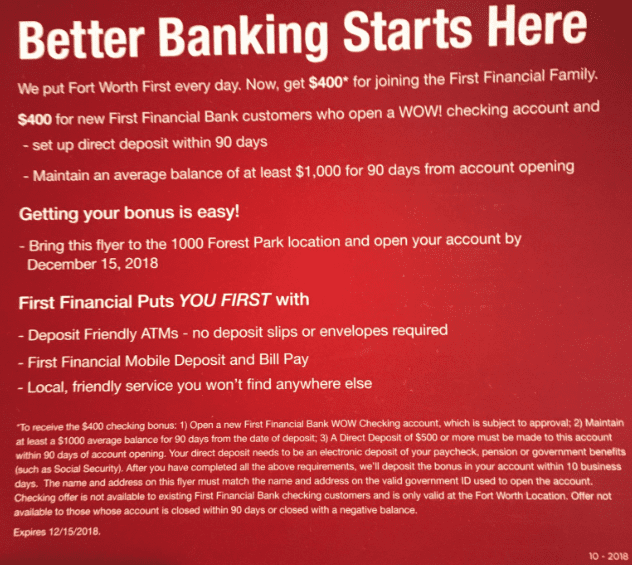 First Financial Bank Checking Bonus 400 Promotion (Texas only) *Fort
