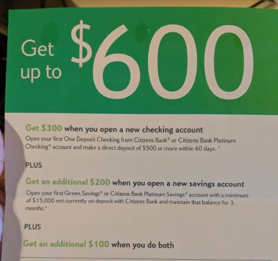 Citizens Bank 600 Checking Savings Bonus (Many States)